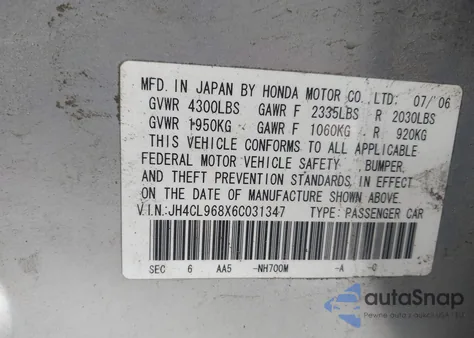 2006 Acura Tsx из США, поврежденный, VIN JH4CL968X6C031347
